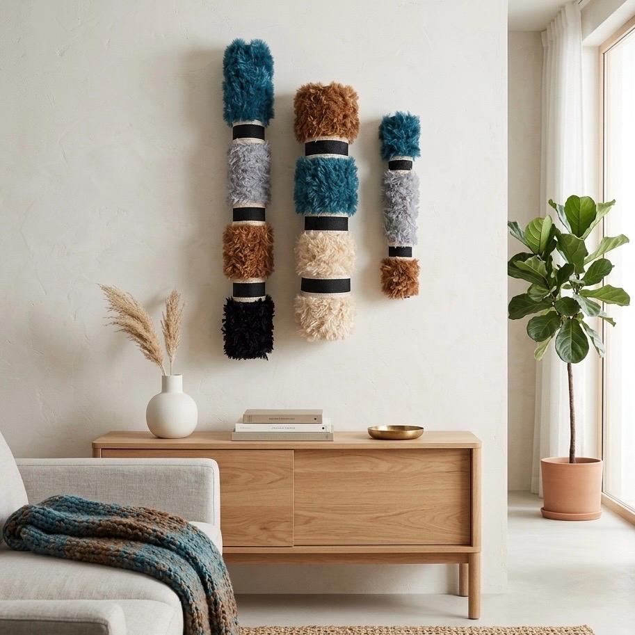 Three Banded Textile Wall Tubes in teal, caramel, cream and grey above a wooden console.