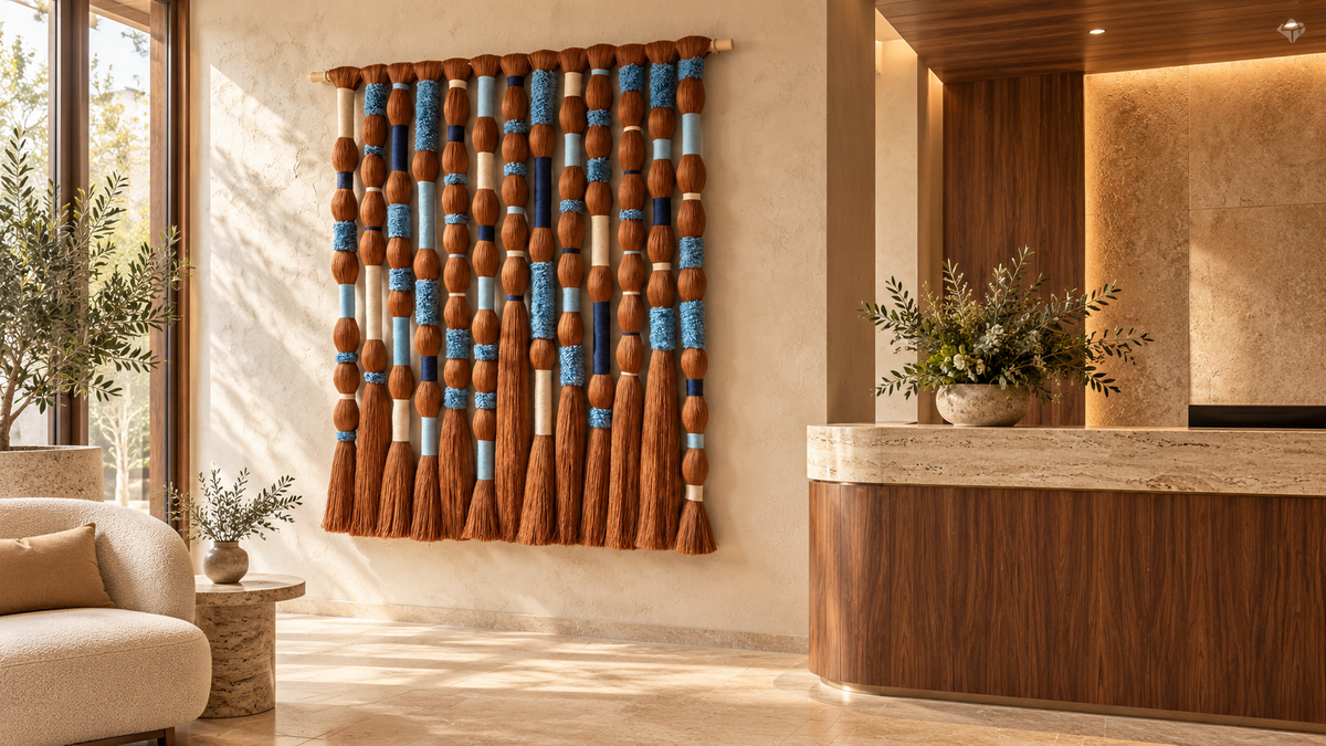 Hotel lobby concept featuring Sarmal Design's cinnamon and blue textile wall hanging beside a walnut and travertine reception desk.