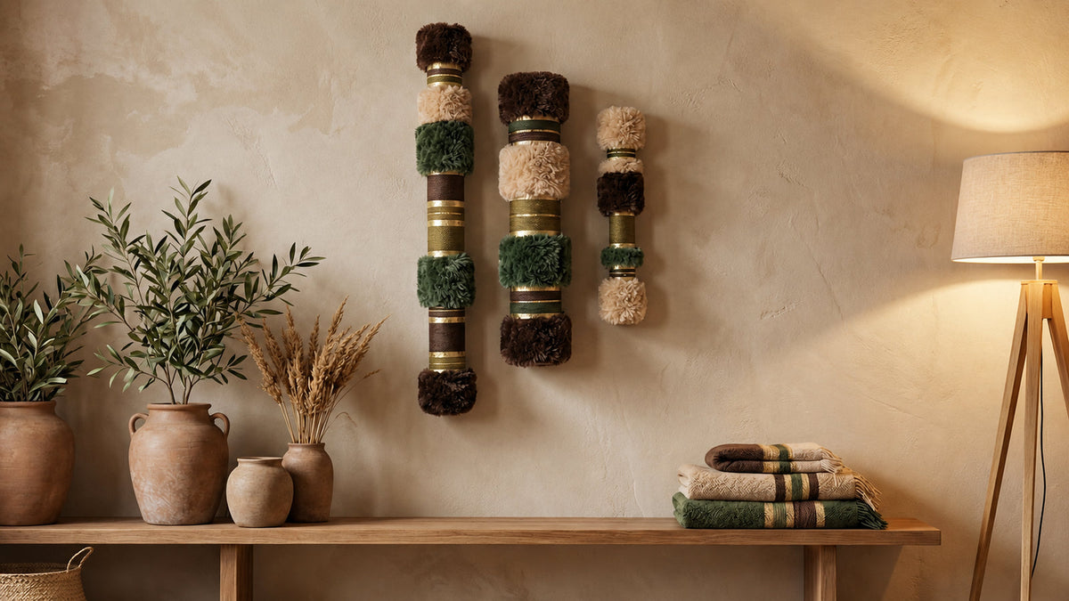 Three green, cream and brown textile Wall Tubes above a wooden bench in a warm minimalist interior.