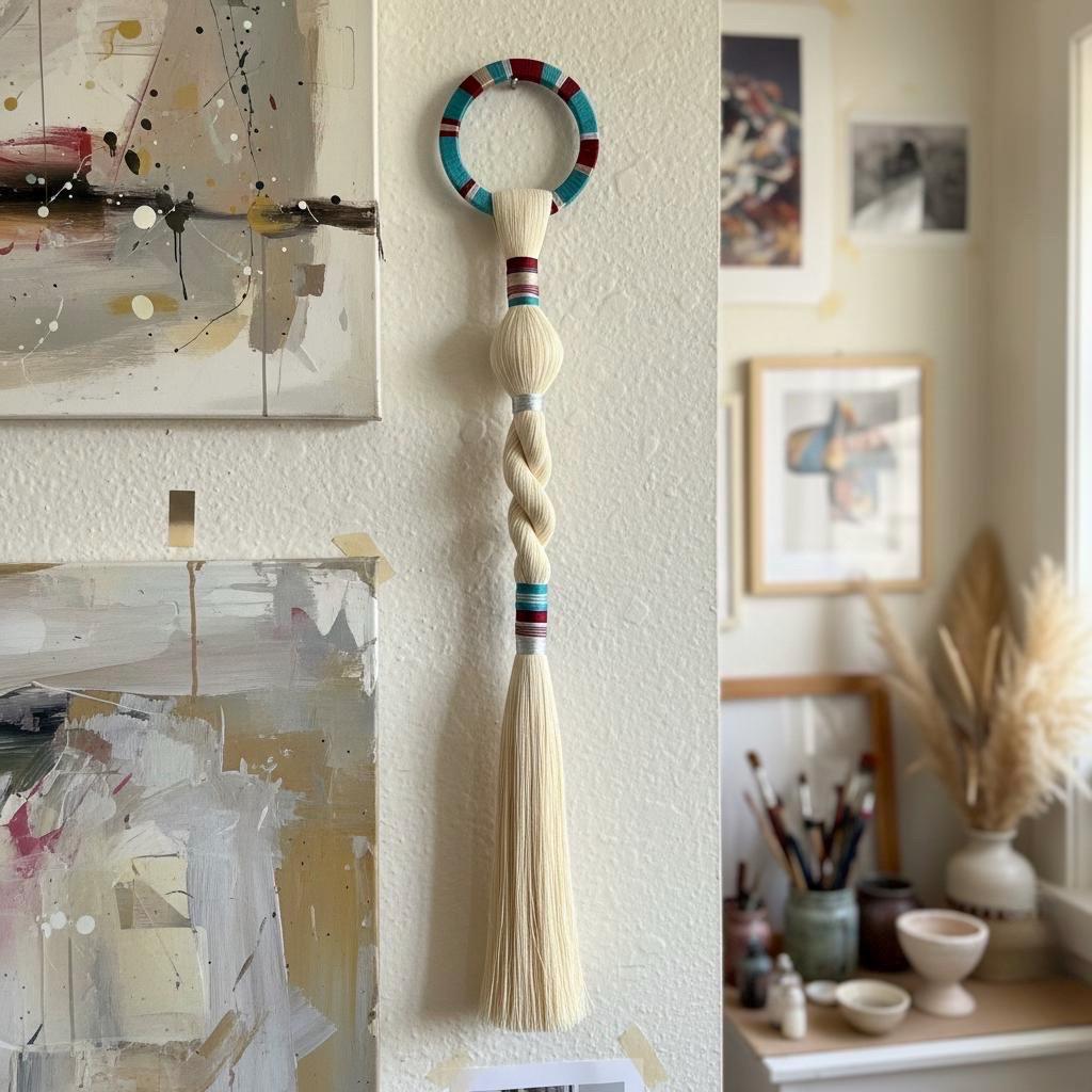 Ivory twisted cotton wall hanging with turquoise ring in a styled interior