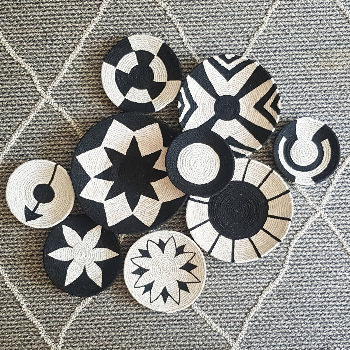 Black and White Wicker Wall Plates — Set of 9