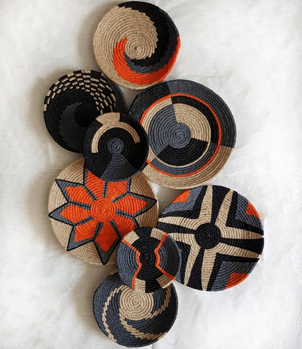Orange and Blue-Grey Straw Wall Plates — Set of 8