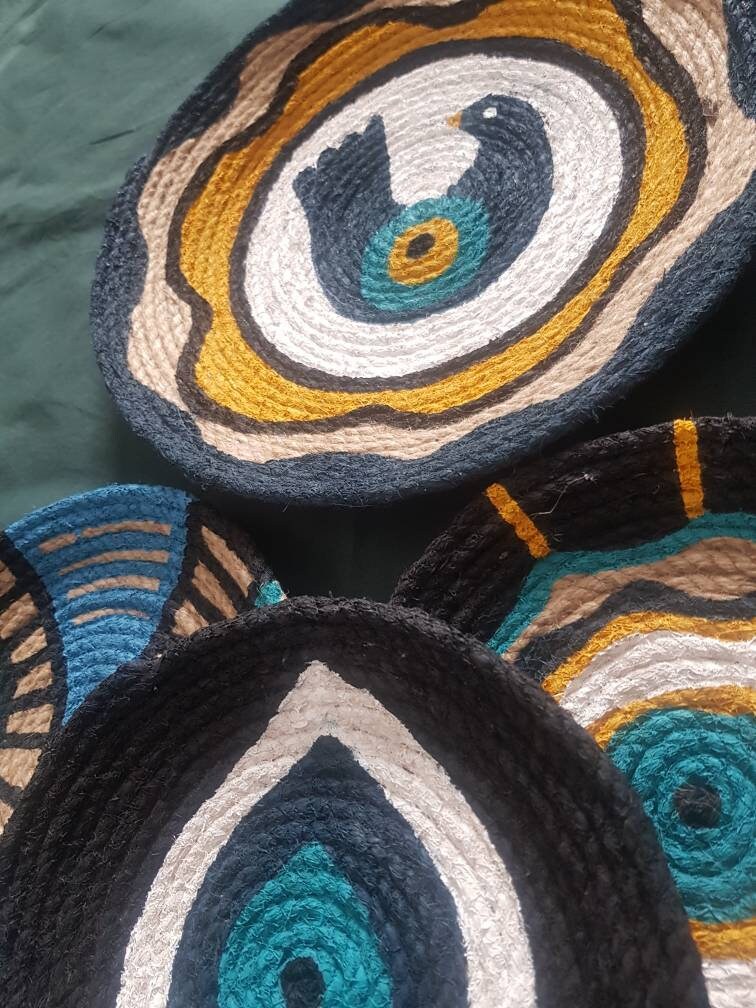 Another view of Blue & Yellow Evil Eye Wall Plates — Set of 5
