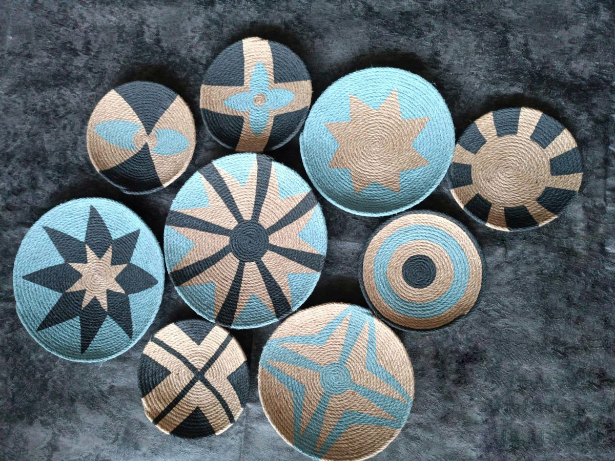 Black & Blue-Grey Woven Plates — Set of 9 — wicker wall decor by Sarmal Design
