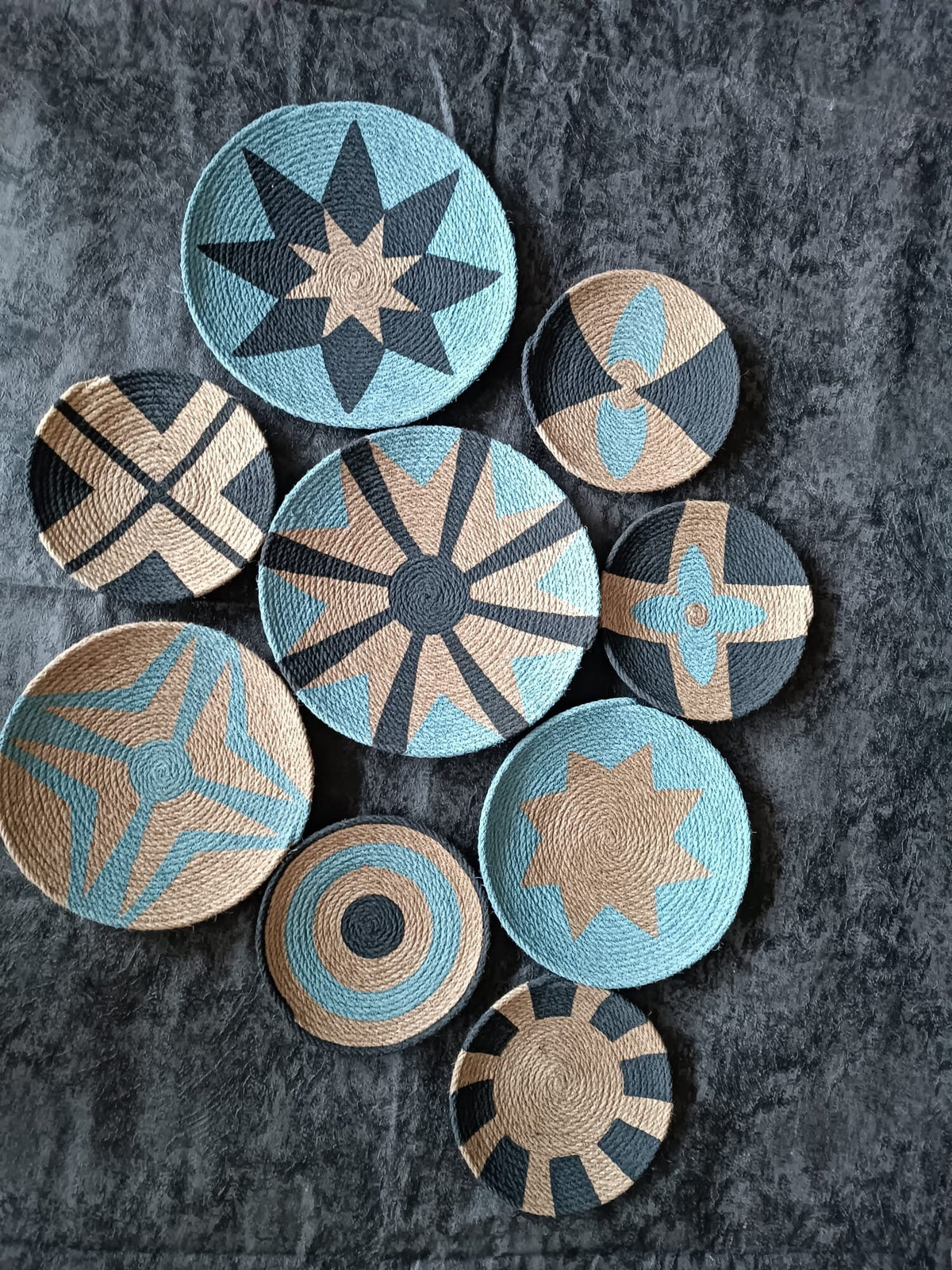 Additional view of Black & Blue-Grey Woven Plates — Set of 9 — wicker wall decor