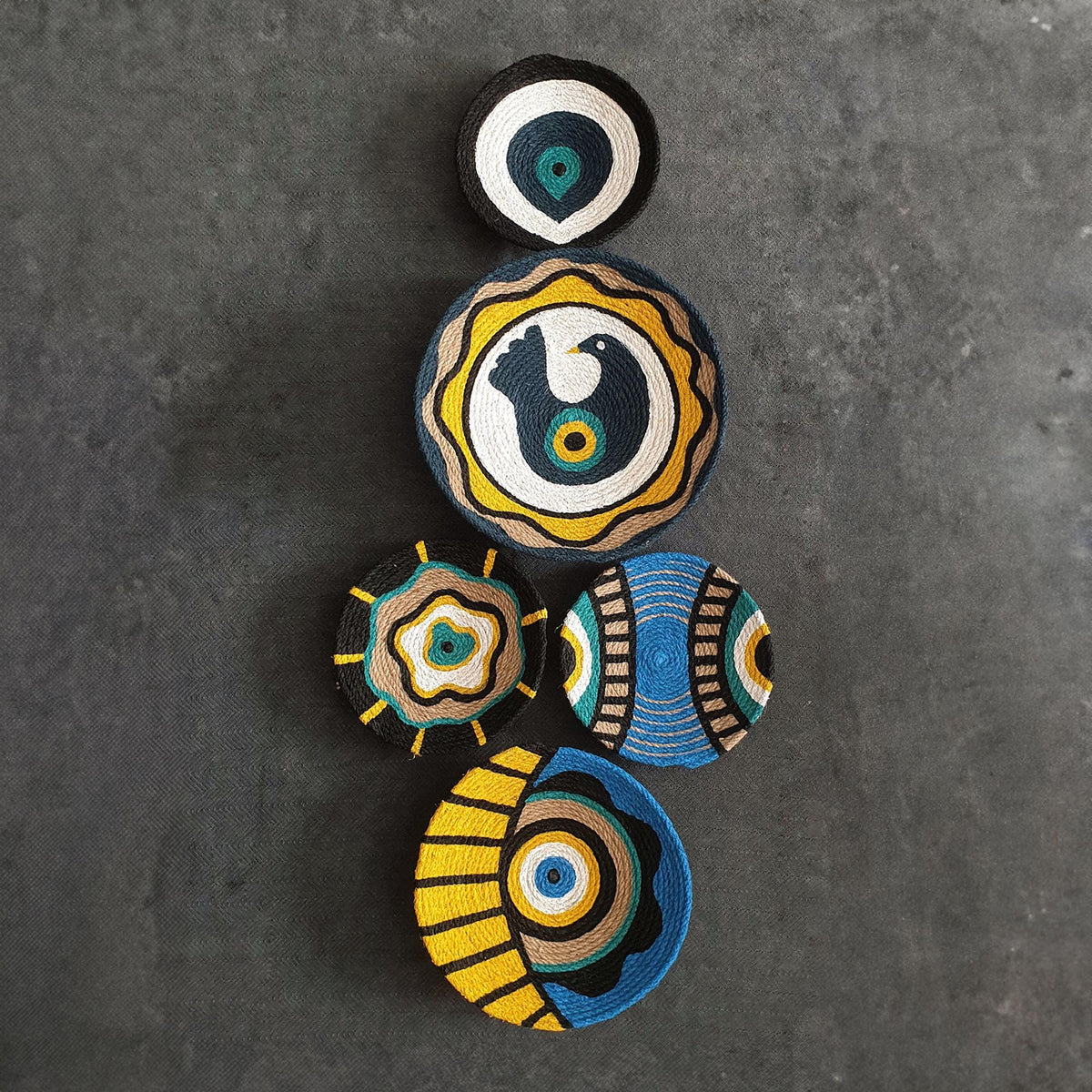 Blue & Yellow Evil Eye Wall Plates — Set of 5 by Sarmal Design