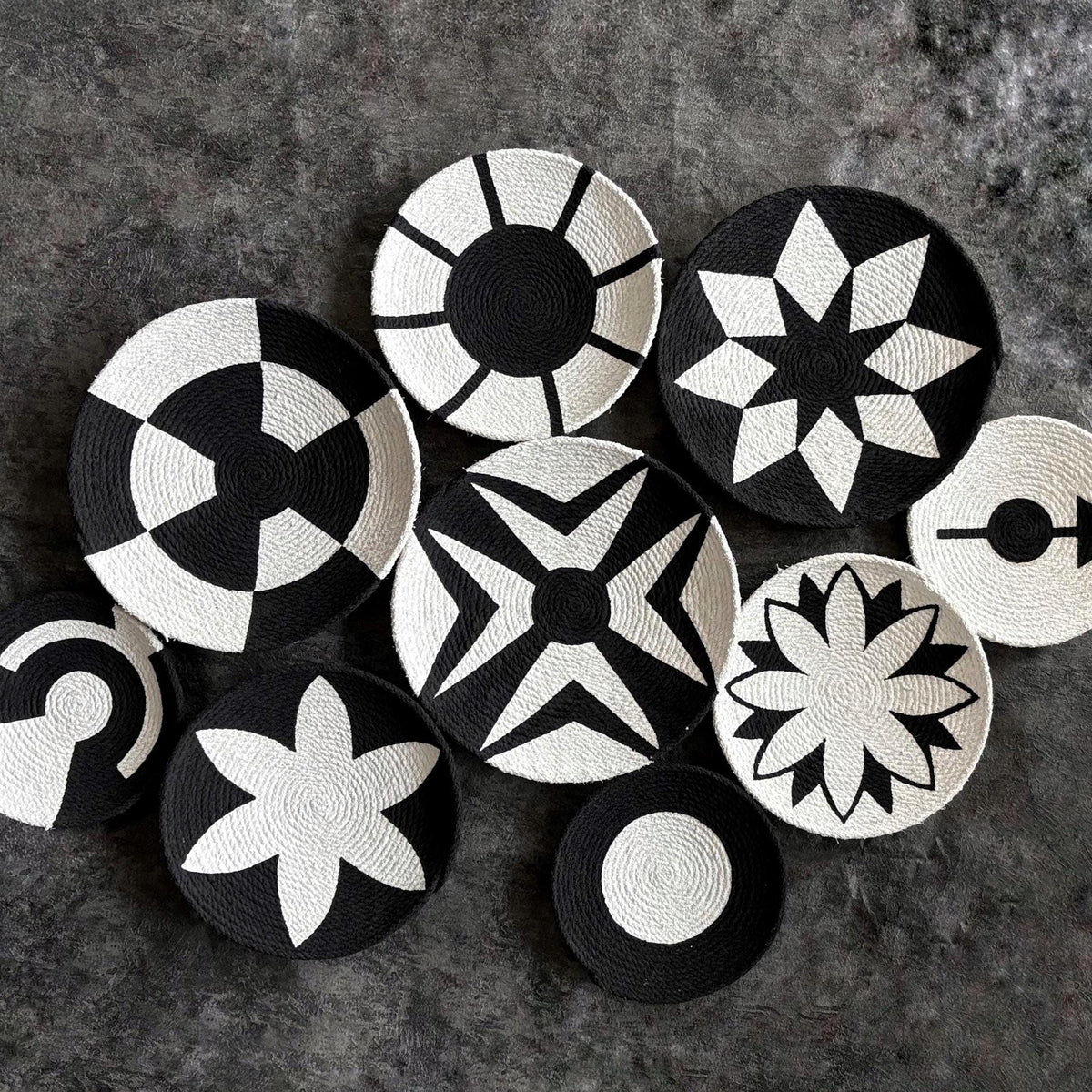 Black and White Wicker Wall Plates — Set of 9