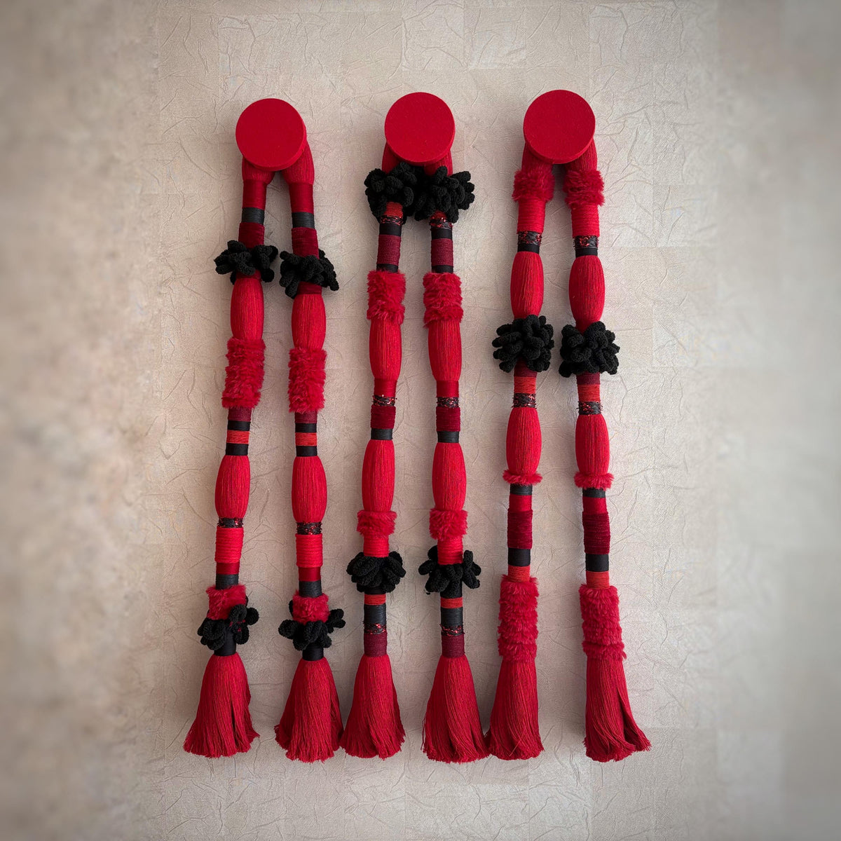Another view of Red Sculptural Fiber Wall Hangings — Set of 3
