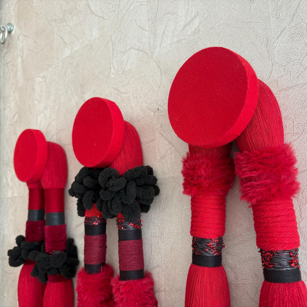 Red Sculptural Fiber Wall Hangings — Set of 3, alternate product view