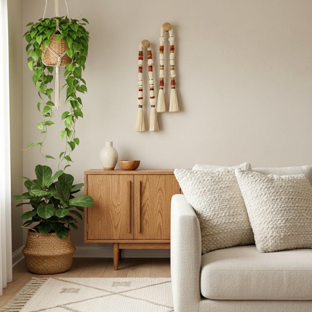 Another view of Sculptural Cotton & Wood Wall Hanging — 15 × 100 cm