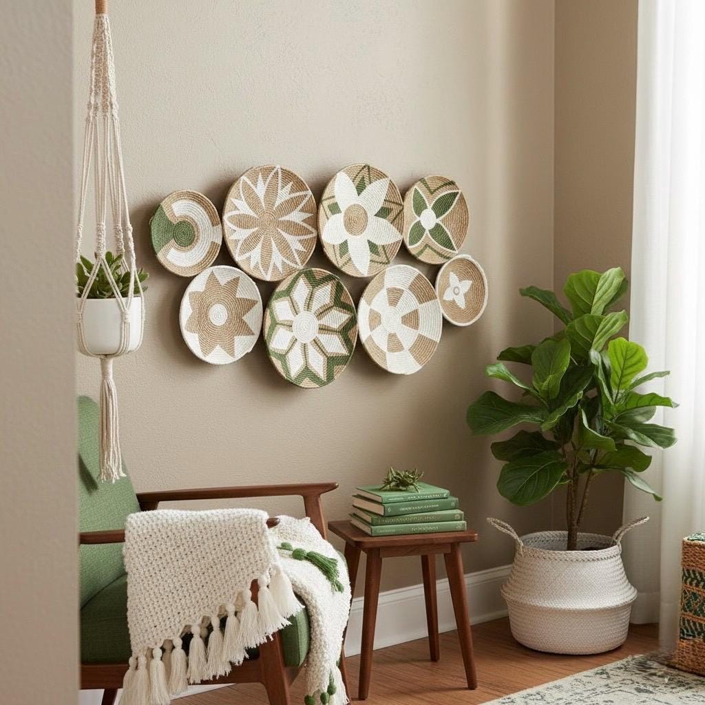 White & Green Wicker Wall Plates — Set of 9 by Sarmal Design