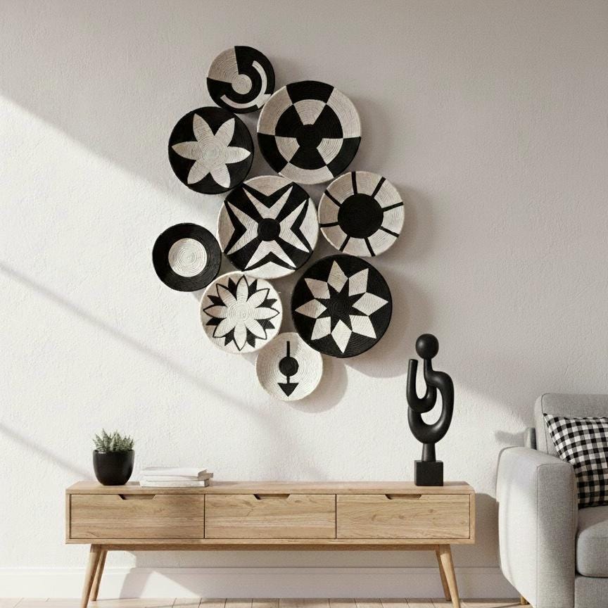 Black and White Wicker Wall Plates — Set of 9