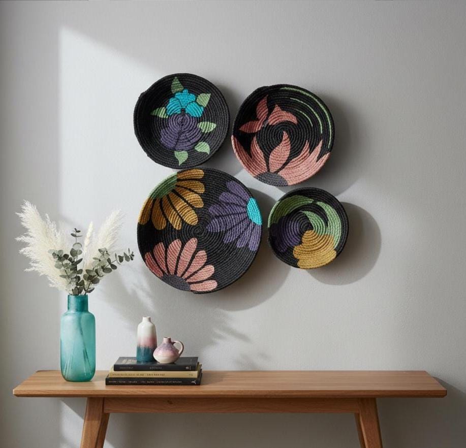 Floral Hand-Painted Wicker Wall Plates — Set of 4 by Sarmal Design