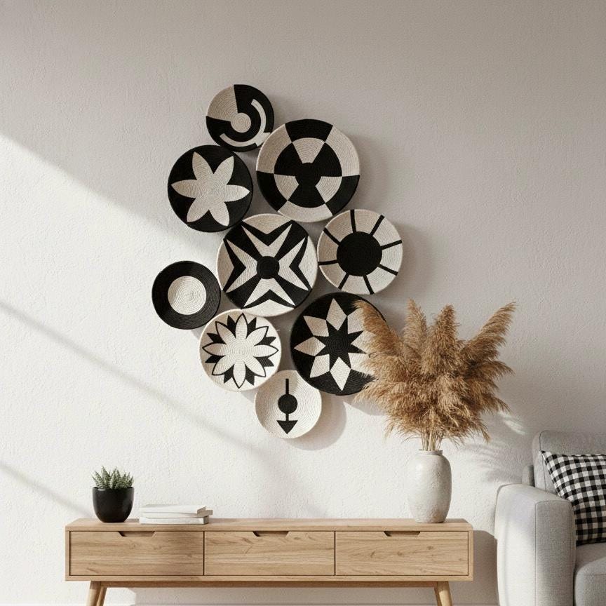 Black and White Wicker Wall Plates — Set of 9