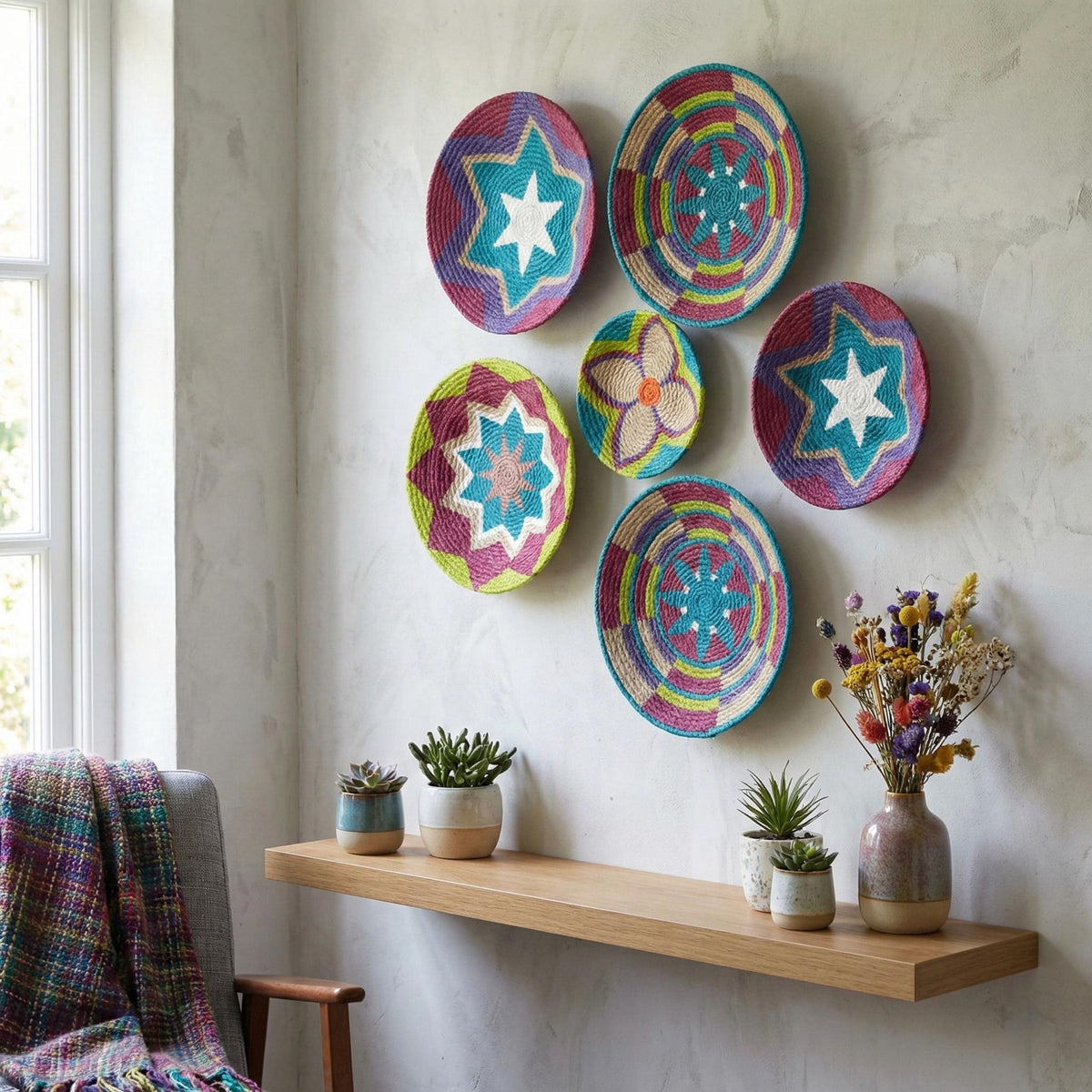 Hand-Painted Natural Wall Plates — Set of 5
