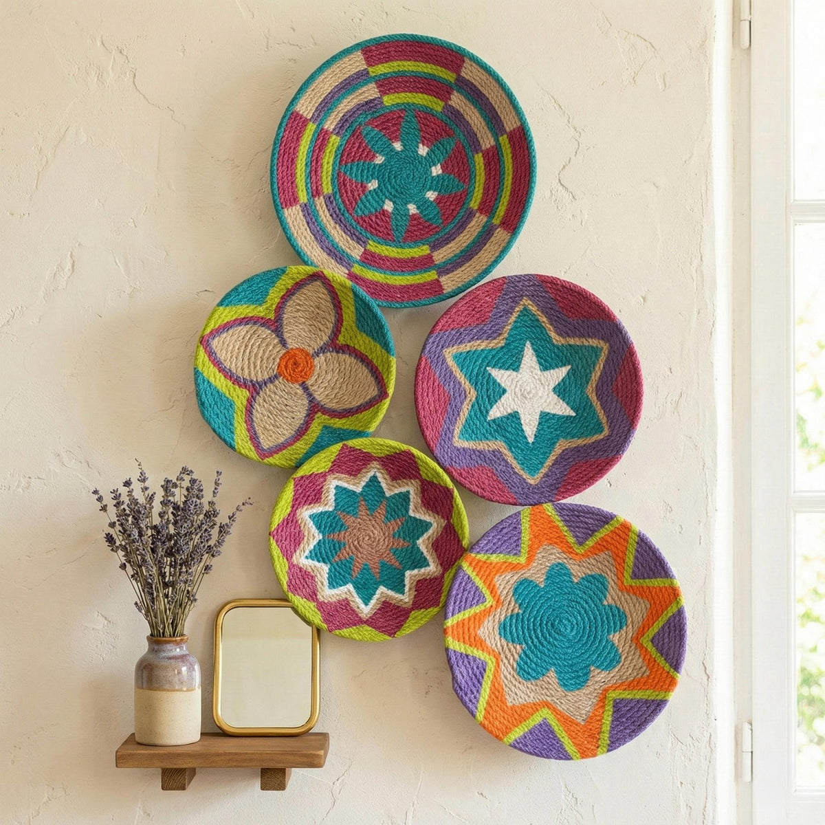 Hand-Painted Natural Wall Plates — Set of 5