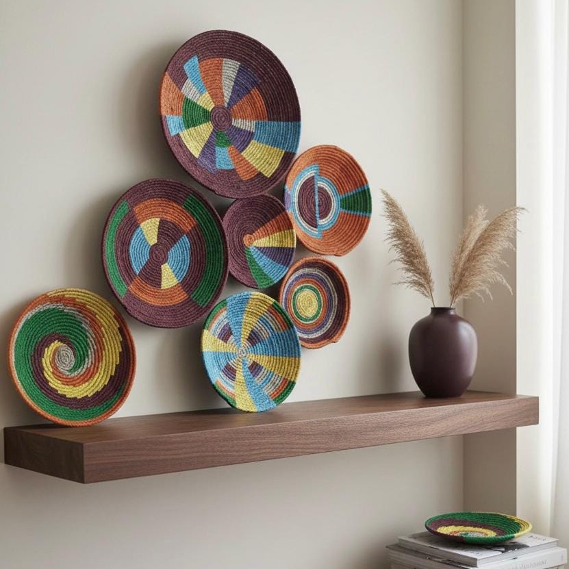 Colorful Wicker Wall Plate Collection — Set of 7 by Sarmal Design