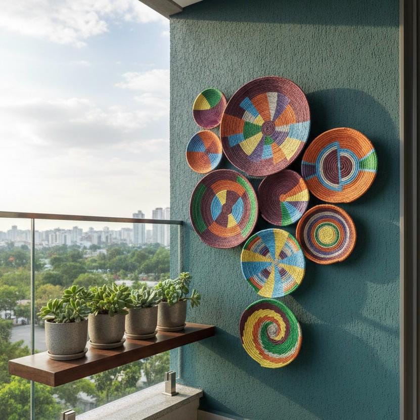 Another view of Colorful Wicker Wall Plate Collection — Set of 7