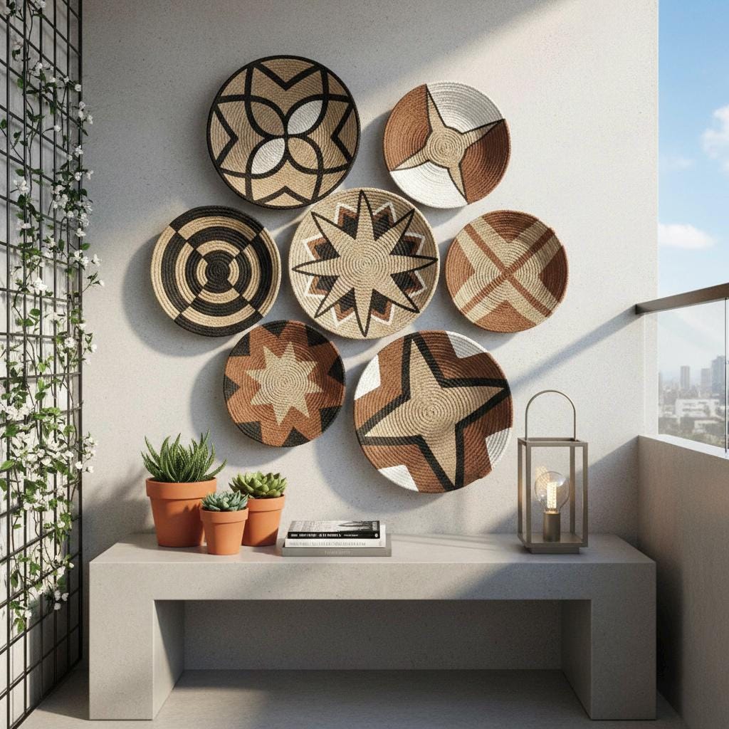 Earth-Tone Wicker Wall Plates — Set of 7 by Sarmal Design