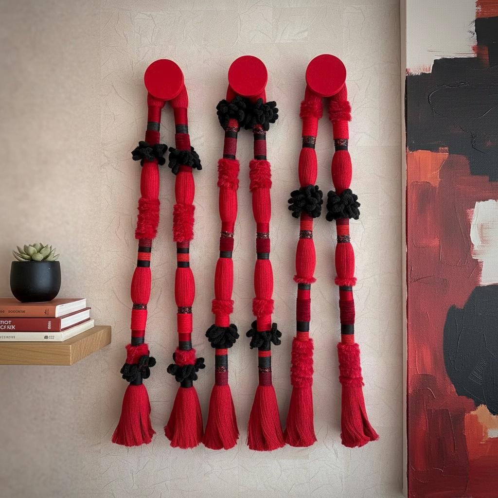 Additional view of Red Sculptural Fiber Wall Hangings — Set of 3