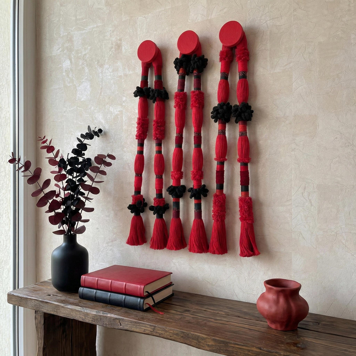 Red Sculptural Fiber Wall Hangings — Set of 3 by Sarmal Design