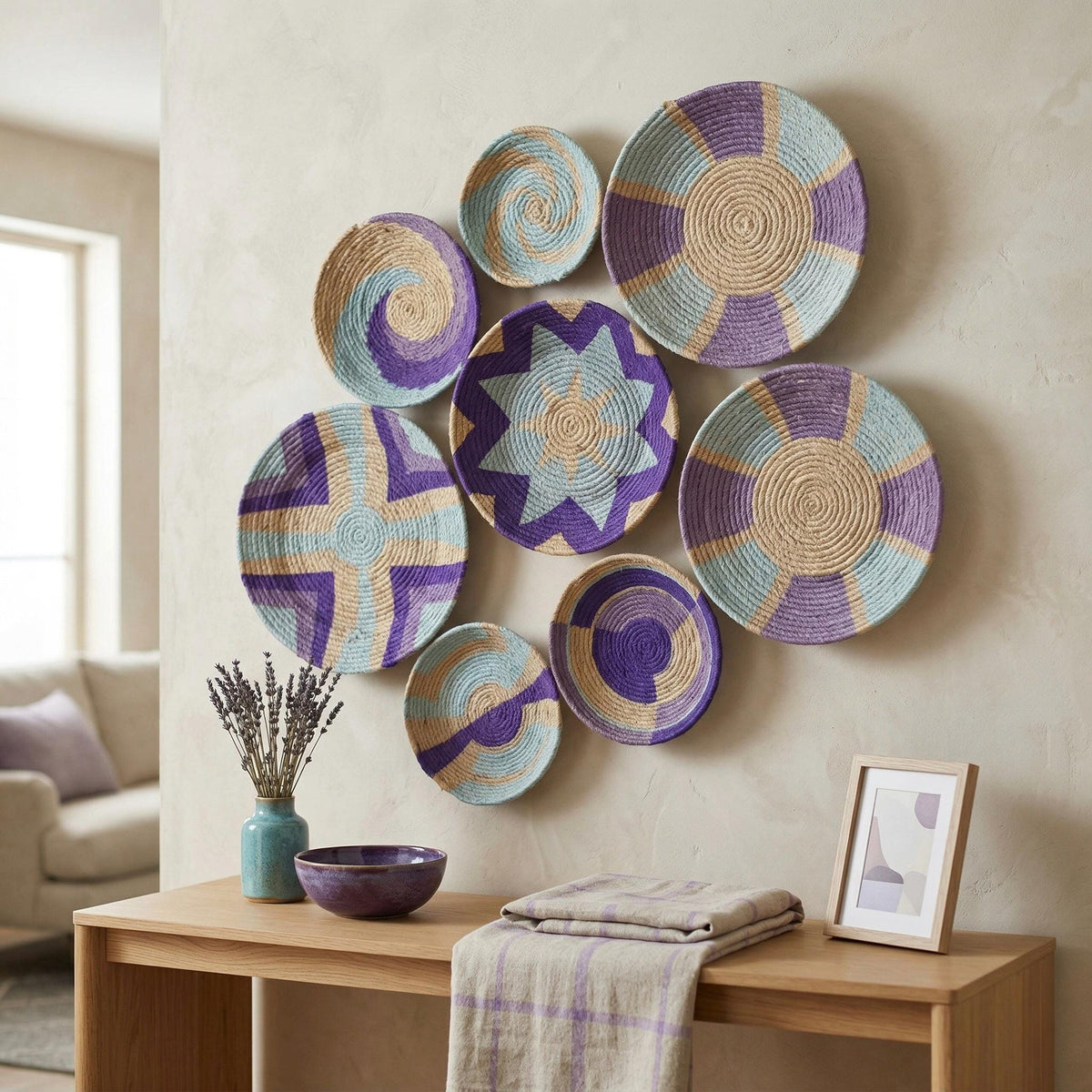 Purple & Lilac Wicker Wall Plates — Set of 9, additional product image