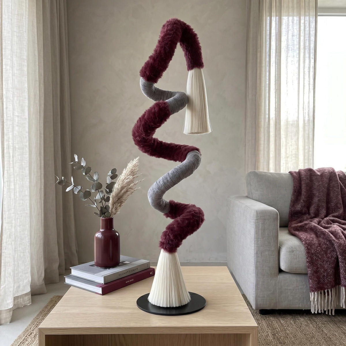 Burgundy and Grey Abstract Yarn Sculpture by Sarmal Design