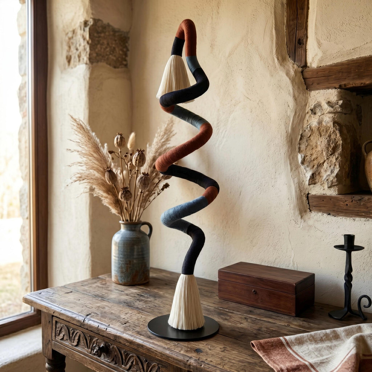 Another view of Terracotta and Blue Abstract Fiber Sculpture