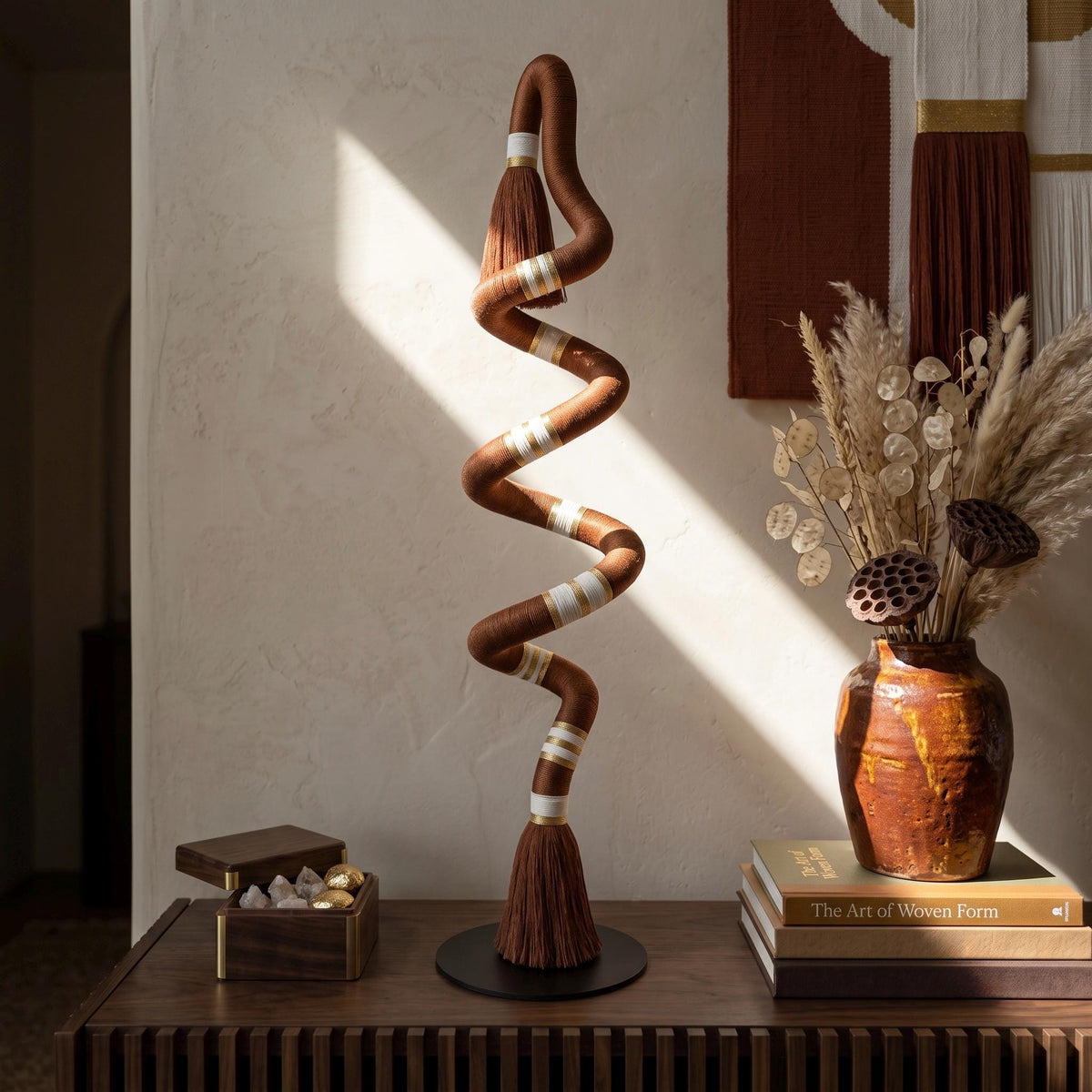 Freestanding yarn and fiber sculpture for tabletop or console display