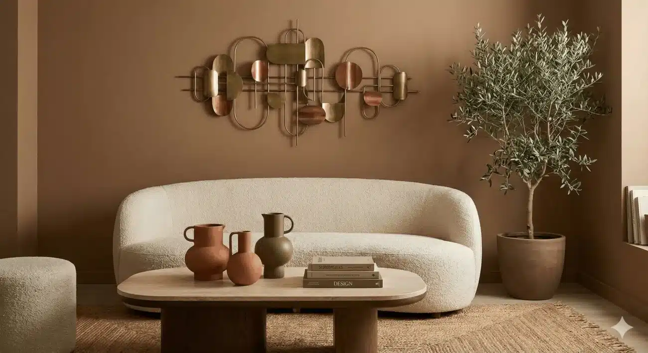Featured blog image showing key 2025 home decor trends: a living room with warm Mocha Mousse walls, an abstract brass and copper metal wall sculpture, a curved bouclé sofa, and biophilic accents like an olive tree and terracotta vases.