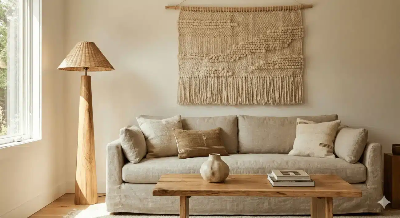 A warm, cozy living room scene featuring handcrafted artisan decor, including a large textured wool woven wall hanging above a linen sofa, a sculptural wooden floor lamp, and a rustic wooden coffee table.