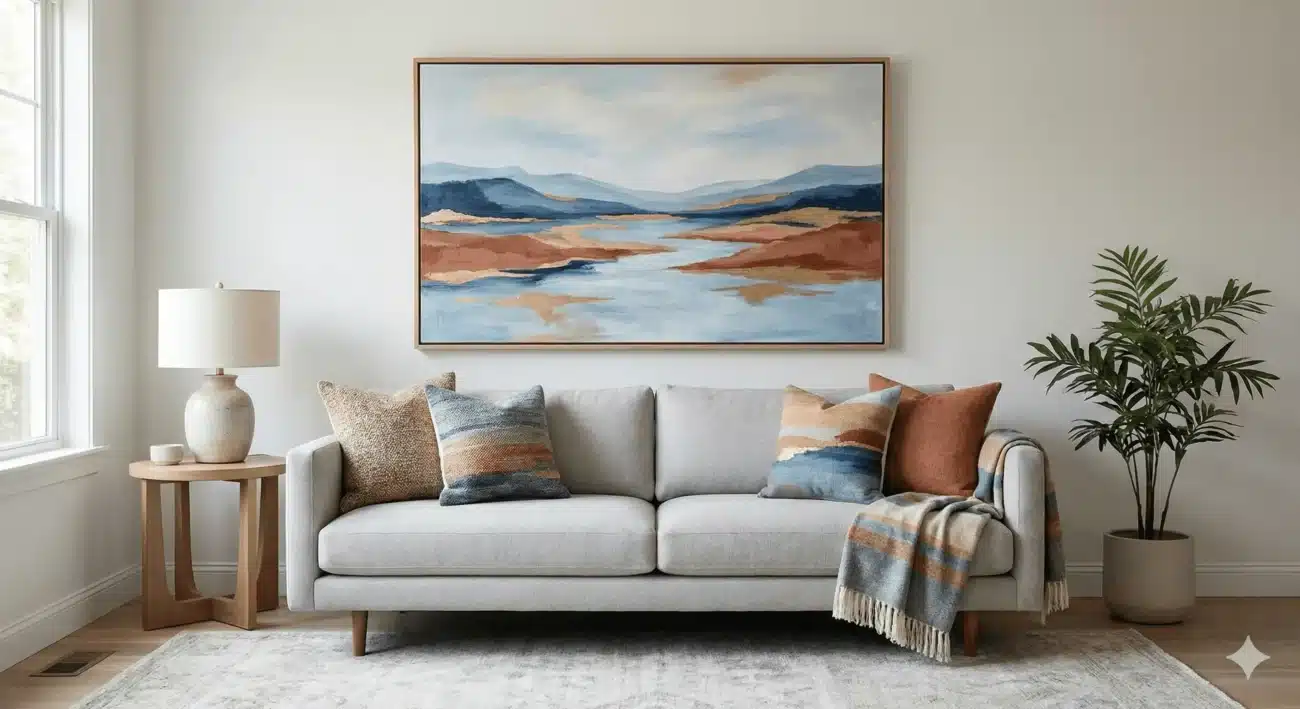A stylishly decorated living room featuring a large abstract landscape painting in blue, rust, and gold tones scaled perfectly above a light grey sofa. Throw pillows and a blanket on the sofa coordinate with the art's color palette, creating a harmonious look.