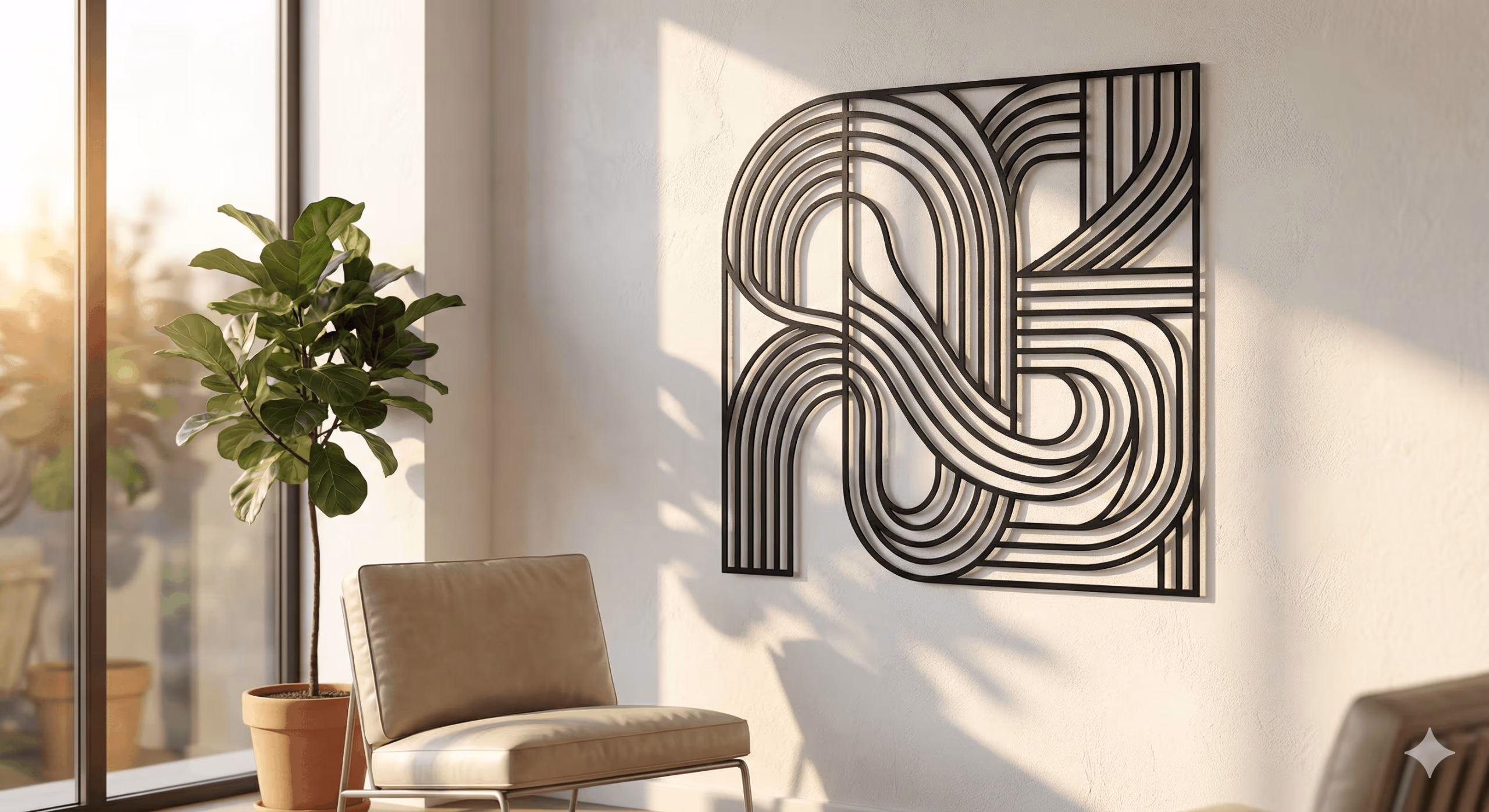 Unique handmade wall decor by Sarmal Design featuring an abstract metal sculpture on a modern living room wall.