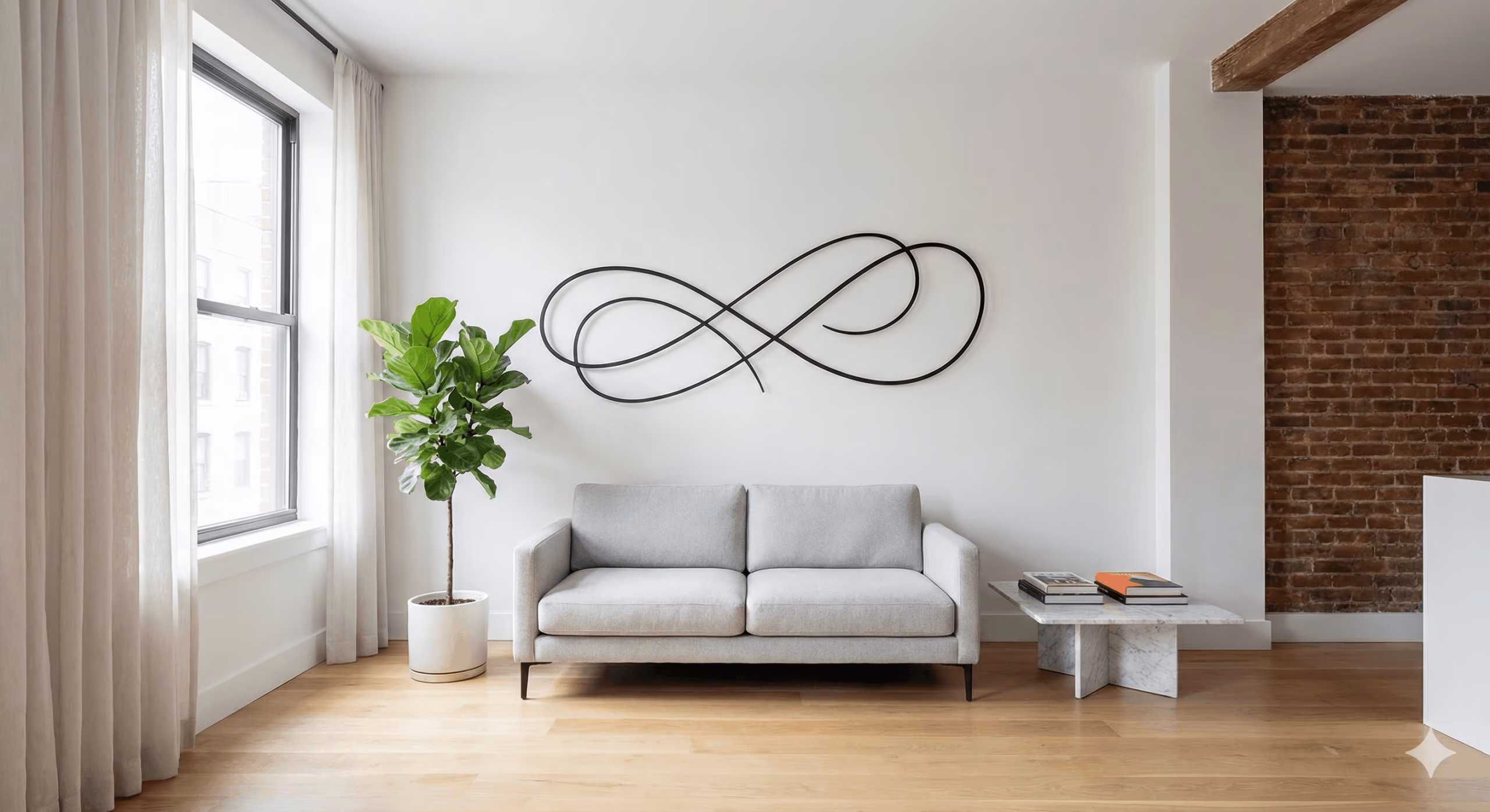 A minimalist black metal sculpture by Sarmal Design illustrating how to make a small room look bigger in a studio apartment.