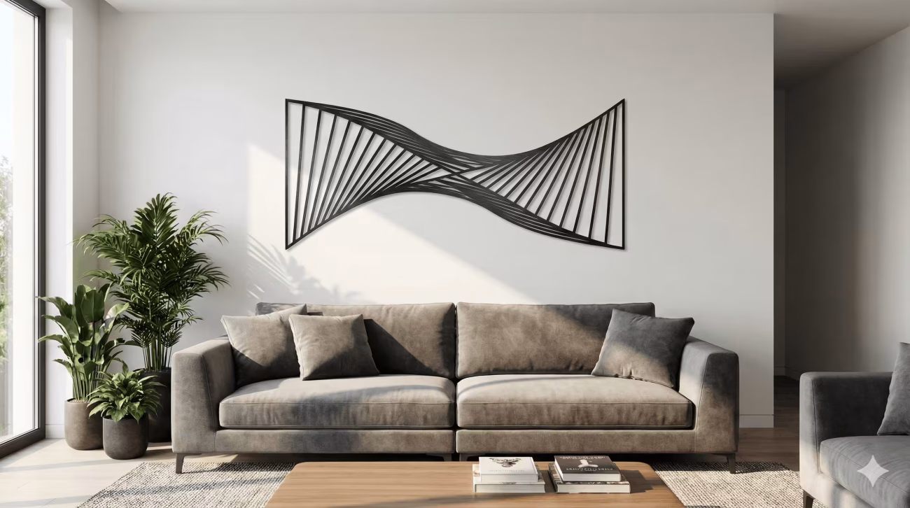 A professional wall art size guide showing a large metal map over a modern sofa.