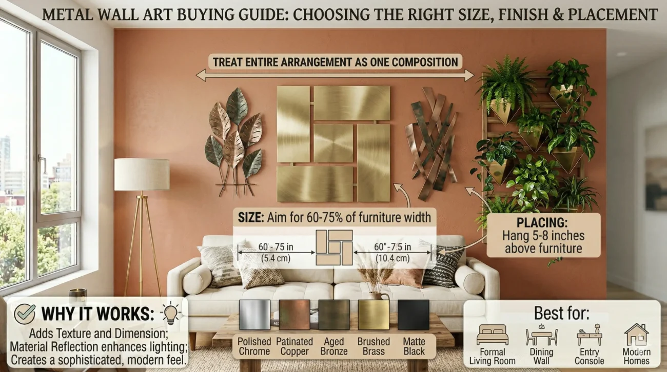 Metal Wall Art Buying Guide illustration showing a living room wall with abstract geometric metal sculptures, botanical metal decor, and multiple metal finish swatches including brass, copper, black, and silver.