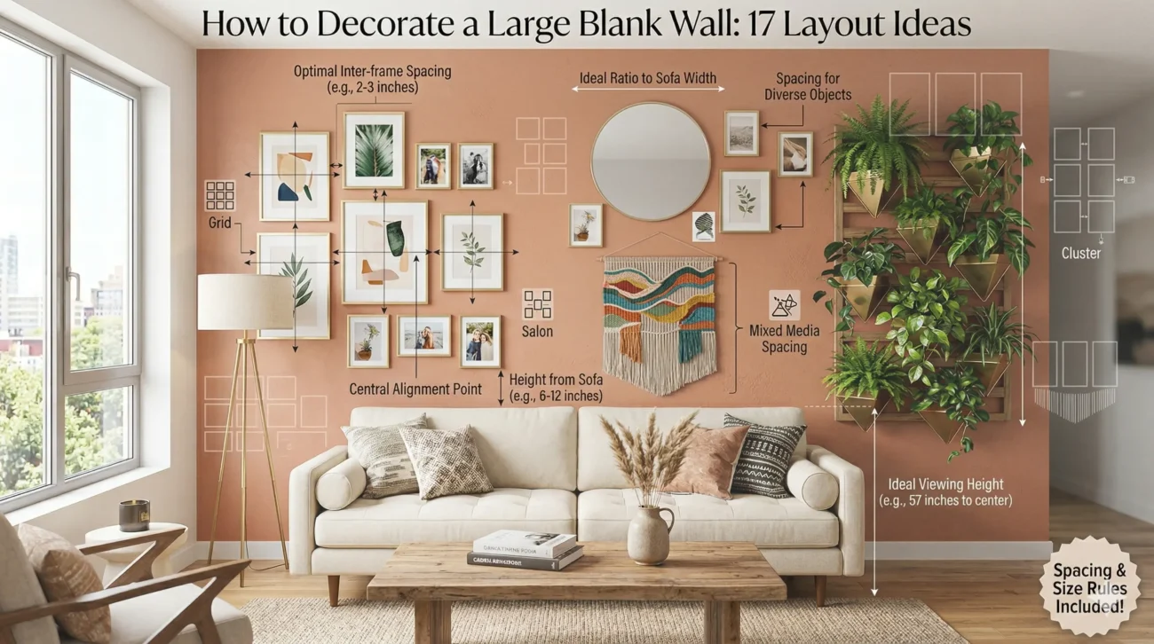 Large blank wall decoration ideas featuring a living room layout with a gallery wall, round mirror, woven wall hanging, and vertical indoor plant display.
