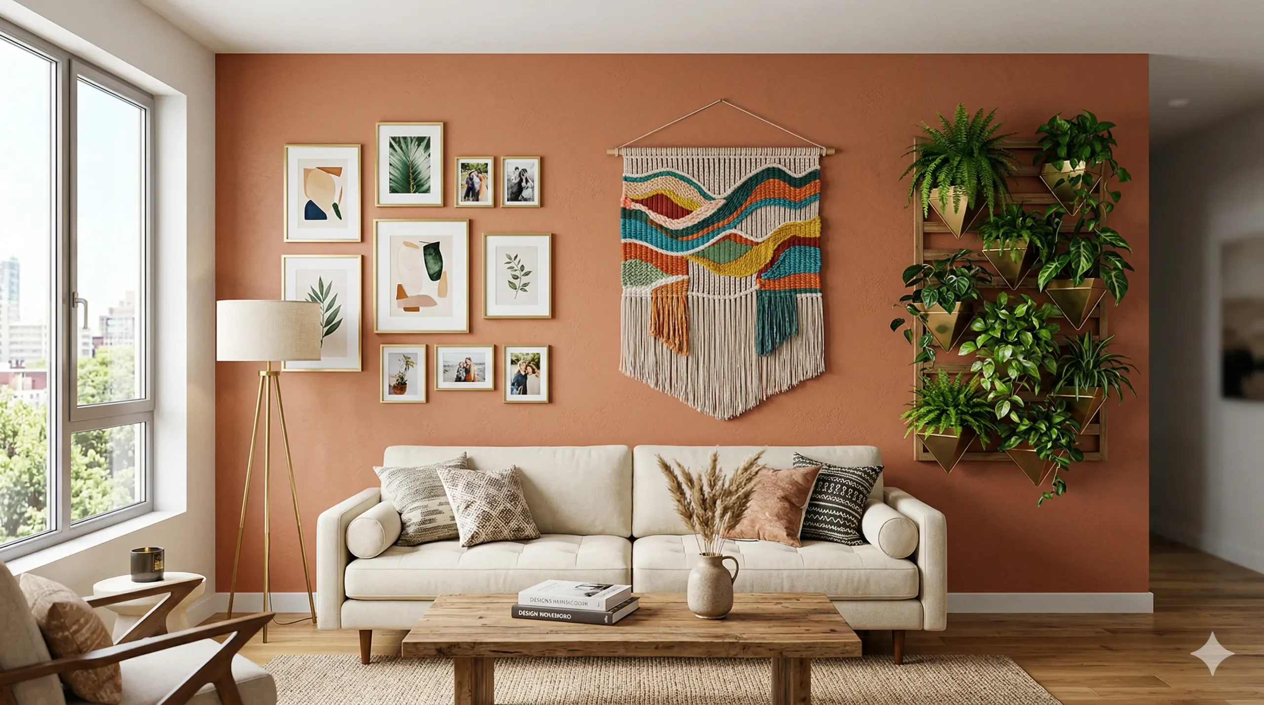 Modern living room featuring 2026 wall decor trends with a terracotta accent wall, a woven textile hanging, wood-framed gallery wall, and indoor greenery.