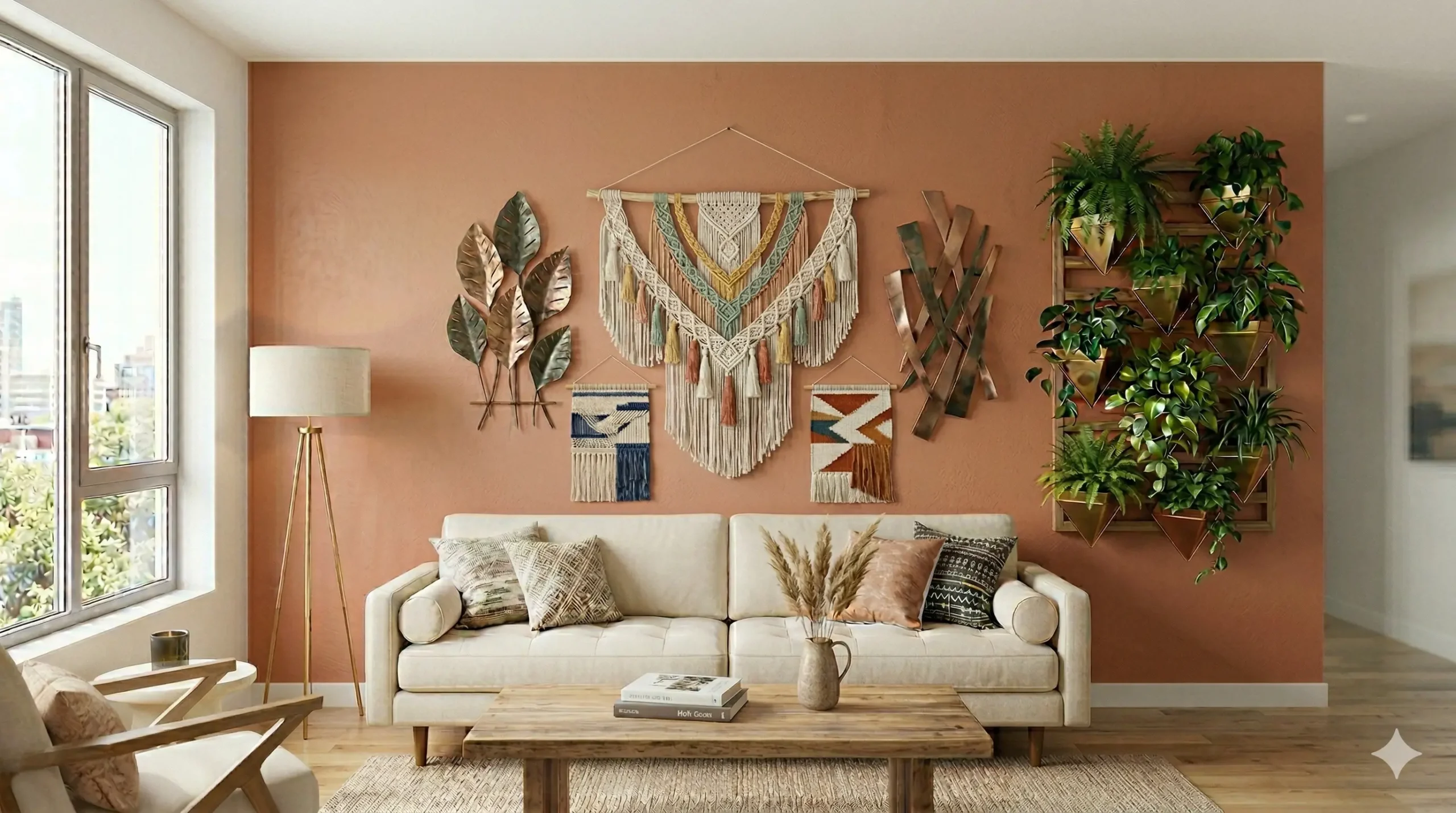 Modern living room with an earthy terracotta wall featuring a large natural woven macramé wall hanging, a gallery wall, a vertical planter, and a comfortable white sofa.