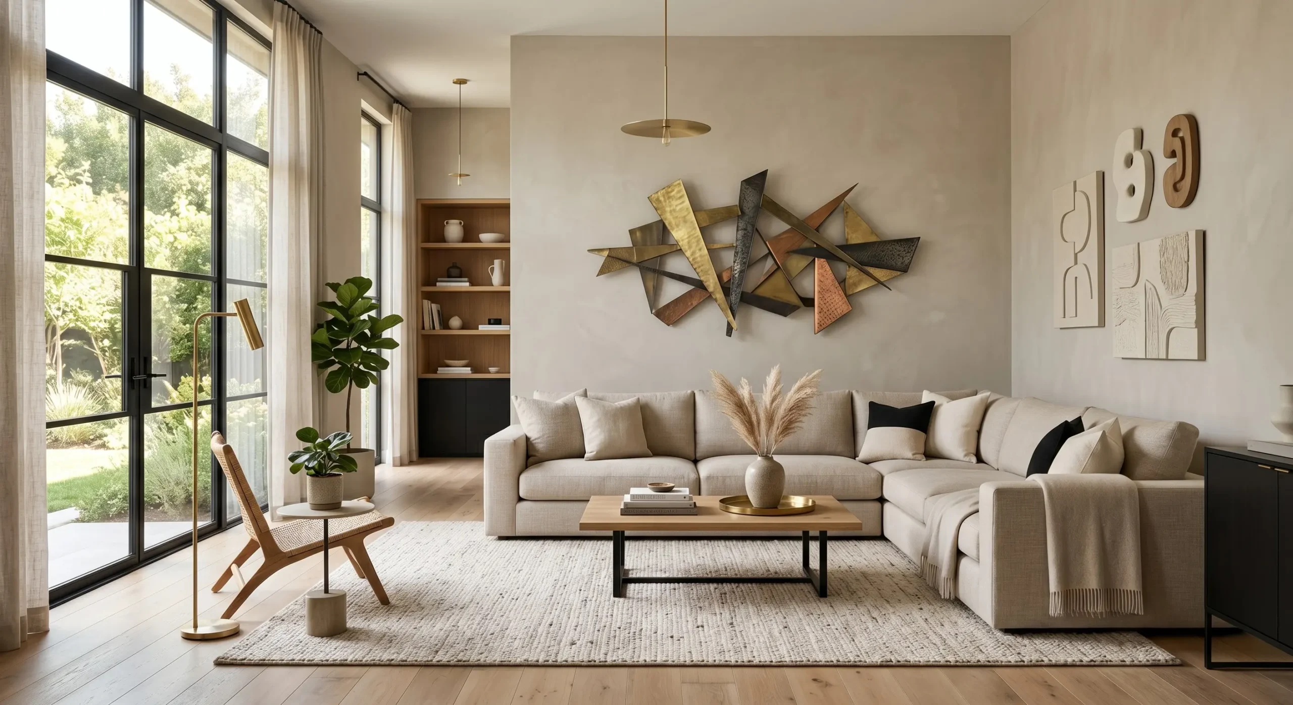 Metal wall art above a beige sofa in a modern living room