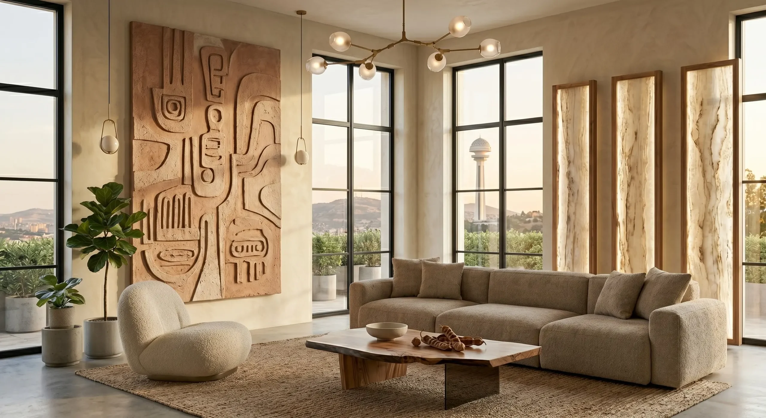 Wall sculpture and wall art displayed in a modern living room